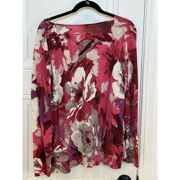 Talbots 2xl Long-Sleeve Pink Red Grey Cream Floral Print T-Shirt EUC Casual - Picture 2 of 5